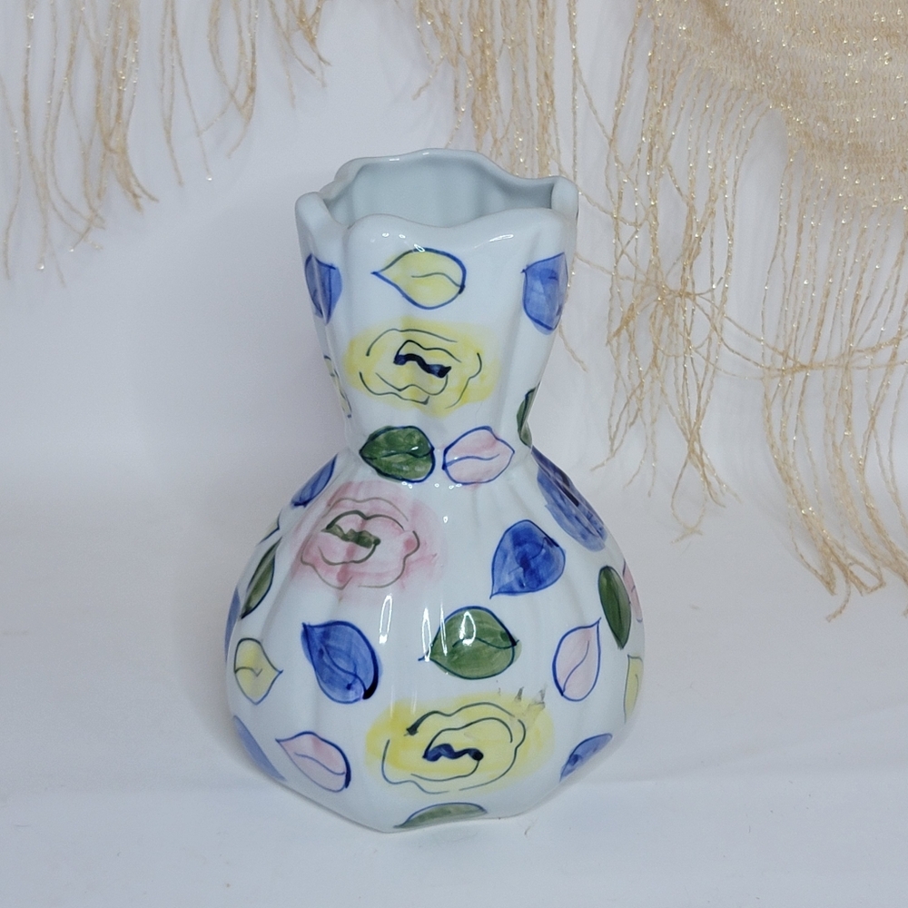 Boutique Hand Painted Clay Motif Ceramic Floral Vase Yellow blue green